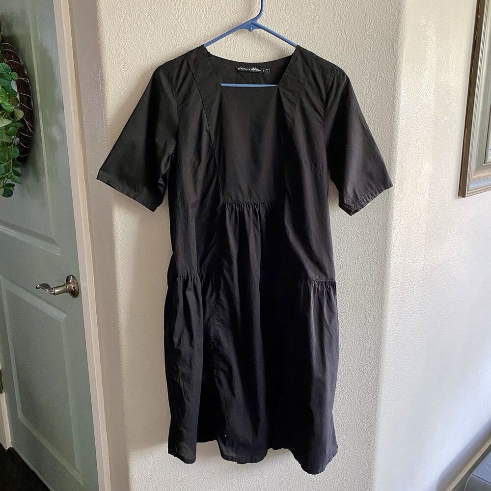 Gudrun Sjogren Cotton Short Sleeve Square Neck Midi Dress Black size small